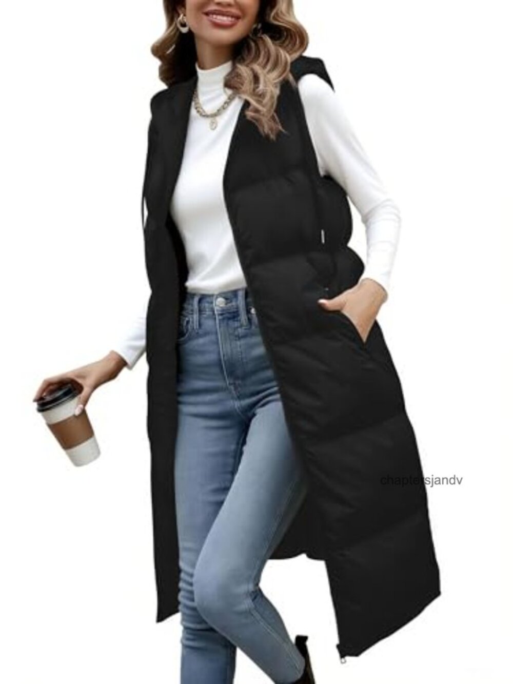 Long Quilted Puffer Vest Hooded Zip Up Sleeveless Winter Outerwear